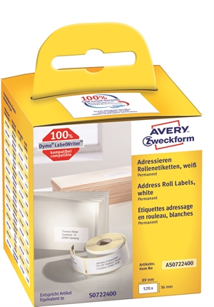Avery address label on roll 89 x 36 mm, 2 x 260 pcs. 

Avery Adressetikett auf Rolle 89 x 36 mm, 2 x 260 Stück.